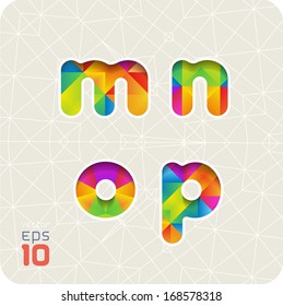 Joyful 3d set of cut paper vector alphabet. The lowercase letters m,n,o,p. Multicolored gradient. Eps 10. The rest of letters, symbols and numbers of the alphabet in my portfolio.