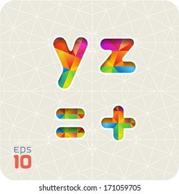 Joyful 3d set of cut paper vector alphabet. The lowercase letters y, z and equal, plus.  Multicolored gradient. Eps 10. The rest of  letters, symbols and numbers of the alphabet in my portfolio.