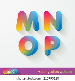 Joyful 3d set of cut paper vector alphabet. The Uppercase letters M, N,O, P. spectrum. Multicolored gradient. Eps 10.
