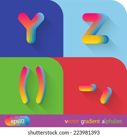 Joyful 3d set of cut paper vector alphabet. The Uppercase letters Y, Z, curly brackets and punctuation dash, comma. The rest of letters, symbols and numbers of the alphabet in my portfolio.