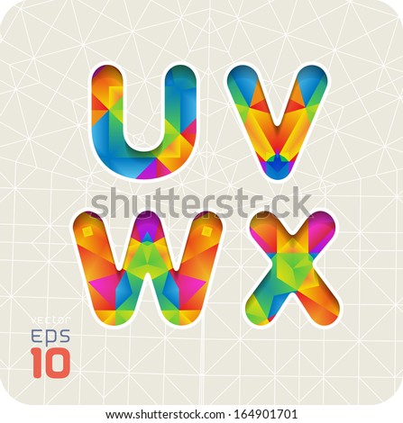 Joyful 3d set of cut paper vector alphabet. The capital letters U, V, W, X. Multicolored gradient. Eps 10. The rest of letters, symbols and numbers of the alphabet in my portfolio.