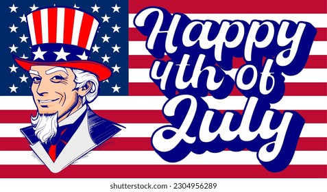 Joyful 4th of July Celebration with Smiling Uncle Sam on American Flag	
