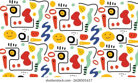 Joyful abstract illustration with expressive faces, colorful shapes, and playful lines. Perfect for kids projects, creative backdrops, or fun branding with vibrant energy.