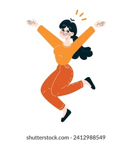 Joyful achievement in business concept. Exuberant businesswoman leaping with excitement, celebrating success with a carefree attitude. Flat vector illustration