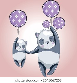A joyful, adorable panda soars through the sky, surrounded by colorful balloons. This enchanting cartoon panda captures the imagination and sparks a sense of wonder. 