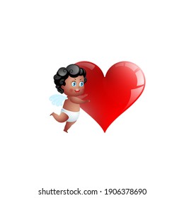 The joyful African American cupid embraces the red heart. Valentine's Day. Vector design.
