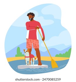 Alegre Hombre Afroestadounidense De Pie En Una Tabla De Remo, Sosteniendo Un Remo, Con Su Pequeño Perro Usando Un Chaleco Salvavidas A Su Lado. Ilustración vectorial que representa un día de aventura perfecto al aire libre con una mascota