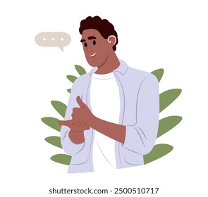 Joyful African American man uses a hearing aid and experiencing sound. Person who has lost her hearing uses sign language. Vector illustration.