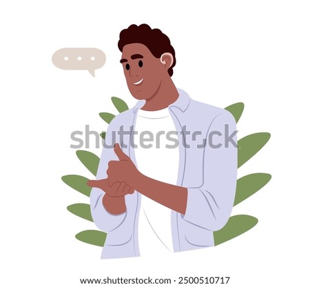 Joyful African American man uses a hearing aid and experiencing sound. Person who has lost her hearing uses sign language. Vector illustration.