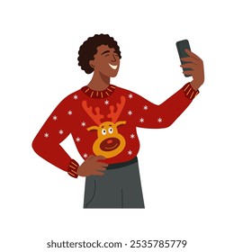 Joyful african american student in festive ugly sweater takes selfie, communicates via video call, holding smartphone and looking at screen. Guy in festive garish Christmas sweater vector illustration