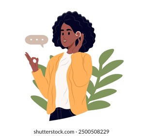 Joyful African American woman uses a hearing aid and experiencing sound. Person who has lost her hearing uses sign language. Vector illustration.