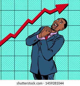 joyful african businessman growth chart. Pop art retro vector illustration vintage kitsch
