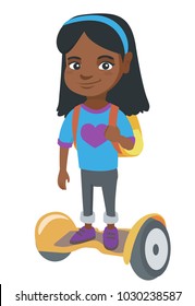 Joyful african schoolgirl riding on self-balancing electric scooter. Happy schoolgirl with backpack riding on gyroscooter to school. Vector sketch cartoon illustration isolated on white background.