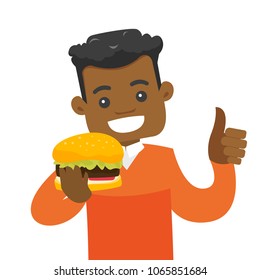 Joyful african-american man holding a hamburger and giving thumb up. Young smiling man is about to eat a delicious hamburger. Vector cartoon illustration isolated on white background. Square layout.
