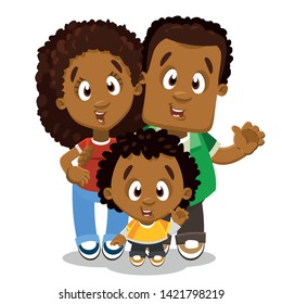 Joyful afro-american family with son smiling ang waving hands. African husband embracing his wife and standing next to boy. Vector cartoon illustration isolated on white background.