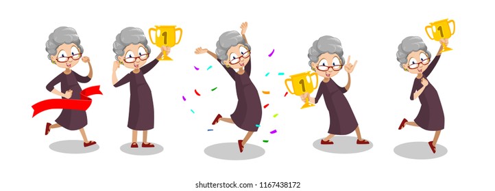 Joyful aged lady holding up gold winner cup. Funny grandmother jumping in air with gold trophy cup. Funny granny winner in competition. Happy and active lifestyle at pension vector illustration