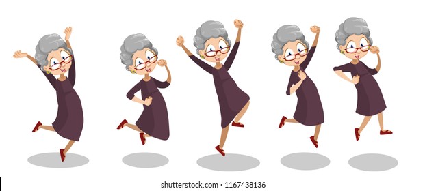 Joyful aged lady jumping in air. Positive elderly woman having fun. Funny granny with hands up animation set. Old people emotions and expressions. Happy lifestyle at pension vector illustration