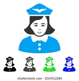 Joyful Airline Stewardess vector pictogram. Vector illustration style is a flat iconic airline stewardess symbol with gray, black, blue, green color variants. Person face has cheerful feeling.