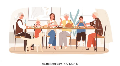 Joyful American family celebrating holiday sitting at dining table vector flat illustration. Happy children, parents and grandparents eating and drinking spending time together isolated on white