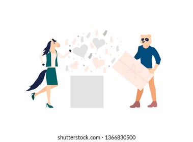 Joyful animal characters celebrating Valentine`s day. holiday together. Man and woman having fun, dancing, opening big surprise box with confetti and hearts on party. Vector isolated on white.
