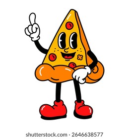 A joyful animated pizza slice character with arms and legs striking a playful pose expressing fun humor and cheerful energy