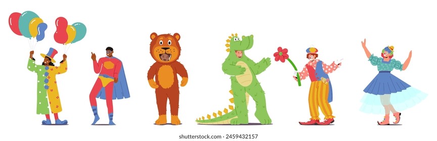 Joyful Animator Characters In Vibrant Costumes of Magician, Superhero, Bear, Crocodile, Clown And Ballerina, Ready To Entertain And Delight At Festive Holiday Event. Cartoon People Vector Illustration