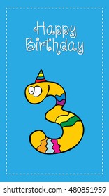 joyful anniversary 3 year fun adorable monster character design with number ideal for poster or greeting postcard color happy colour cute kid star devil explosion child colourful party background scen