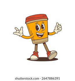 A joyful anthropomorphic coffee cup mascot with bright expressive eyes and a wide smile stands confidently with open arms. Perfect for branding, advertising, social media, and cafe promotions