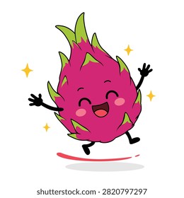 A joyful, anthropomorphic dragon fruit character with bright pink skin jumps ecstatically, depicted in a fun, cartoon style against a clean white background with sparkling accents