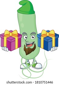 A joyful aquificae mascot design style with Christmas gifts. Vector illustration