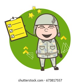 Joyful Army Man Showing Checklist Vector Illustration