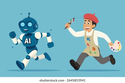 Artista alegre corre atrás de um robô de IA sorridente. Divertida ilustração de vetor estilo cartoon. Perseguição criativa entre a imaginação humana e a inteligência artificial.