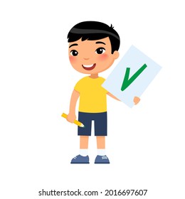Joyful Asian child holds a paper with a check mark - a symbol of approval. Cartoon character