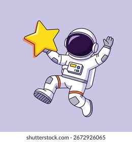 Joyful astronaut floating in space, reaching for a golden star, celebrating achievement