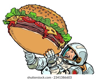 Joyful astronaut man and a huge burger. Street food fast food. Hungry man Happiness positive smile pop art retro comic caricature kitsch vintage 50s 60s style