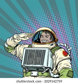 The joyful astronaut salutes, the cosmonaut captain. Soldier of the Universe