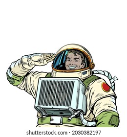 The joyful astronaut salutes, the cosmonaut captain. Soldier of the Universe