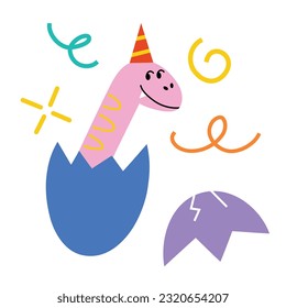 Joyful baby dinosaur in party hat, little diplodocus in cracked egg, celebrating birthday, vector doodle illustration of confetti, graphic design for greeting card, nursery poster, childish drawing