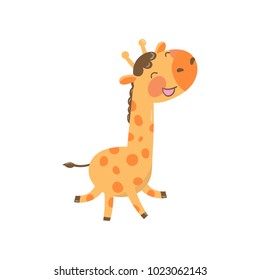 Joyful baby giraffe in playing action. Cartoon character of wild animal with long neck and spotted body. Colorful flat vector design for postcard or sticker
