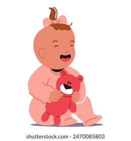 Joyful Baby Girl With A Bow In Her Hair, Laughing Heartily As She Holds A Red Teddy Bear. Cartoon Vector Illustration Captures The Innocence And Happiness Of Early Childhood, Kids, Toys And Joy