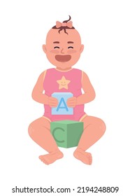 Joyful baby girl with cubes semi flat color vector character. Editable figure. Full body person on white. Simple cartoon style illustration for web graphic design and animation. Quicksand font used