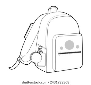 Bolso de silueta de mochila alegre. Ilustración técnica de accesorios de moda. Vector bolso escolar 3-4 vista para hombres, mujeres, estilo unisex, bolso plano CAD mockup sketch contorno aislado