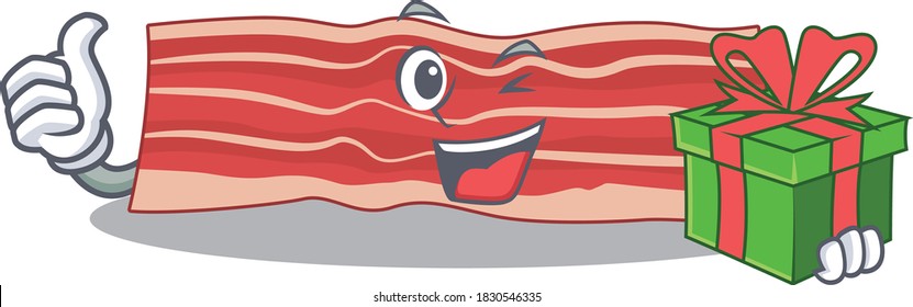 joyful bacon cartoon character with a big gift box