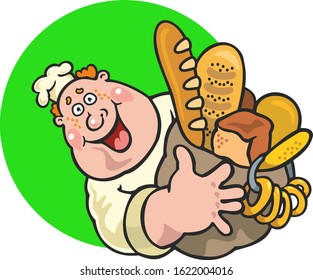 A joyful baker with a smile on his face holds in his hand a bag of pastries: bread, bagels, loaf.