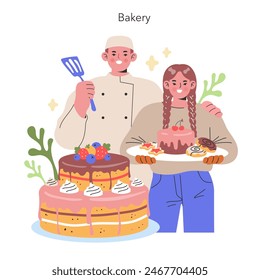 Joyful Bakery Duo A pastry chef with a spatula and a baker with a tray of sweets celebrate the art of confectionery in a cozy bakery setting Vector illustration