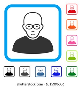 Joyful Bald Man vector icon. Human face has glad feeling. Black, gray, green, blue, red, orange color additional versions of bald man symbol in a rounded squared frame.