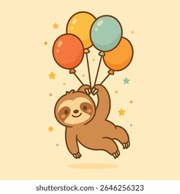 Joyful Sloth’s Balloon Flight A charming, cartoon sloth joyfully floats through a whimsical sky, held aloft by vibrant, colorful balloons, surrounded by playful stars.