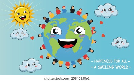 A joyful banner with a smiling Earth, surrounded by happy people, clouds, and the sun, promoting the message "Happiness for All" and a world full of smiles.