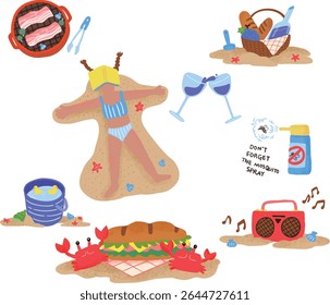 A joyful beach picnic illustration with BBQ