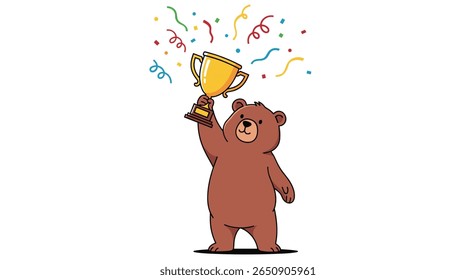 A joyful bear celebrates victory raising a golden trophy amidst falling confetti